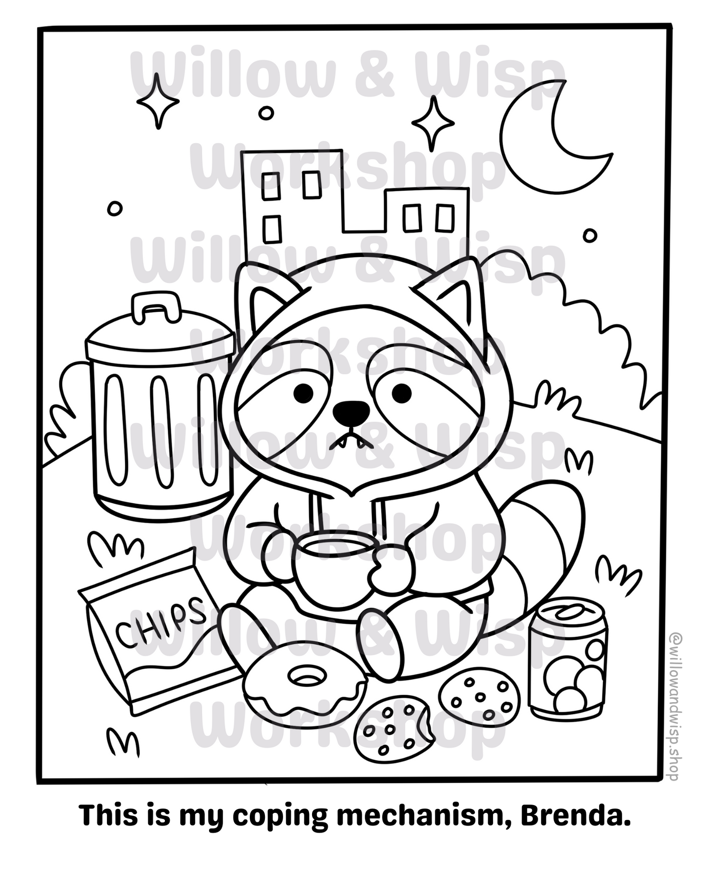 Coping Mechanism – Trash-Eating Raccoon Free Colouring Sheet