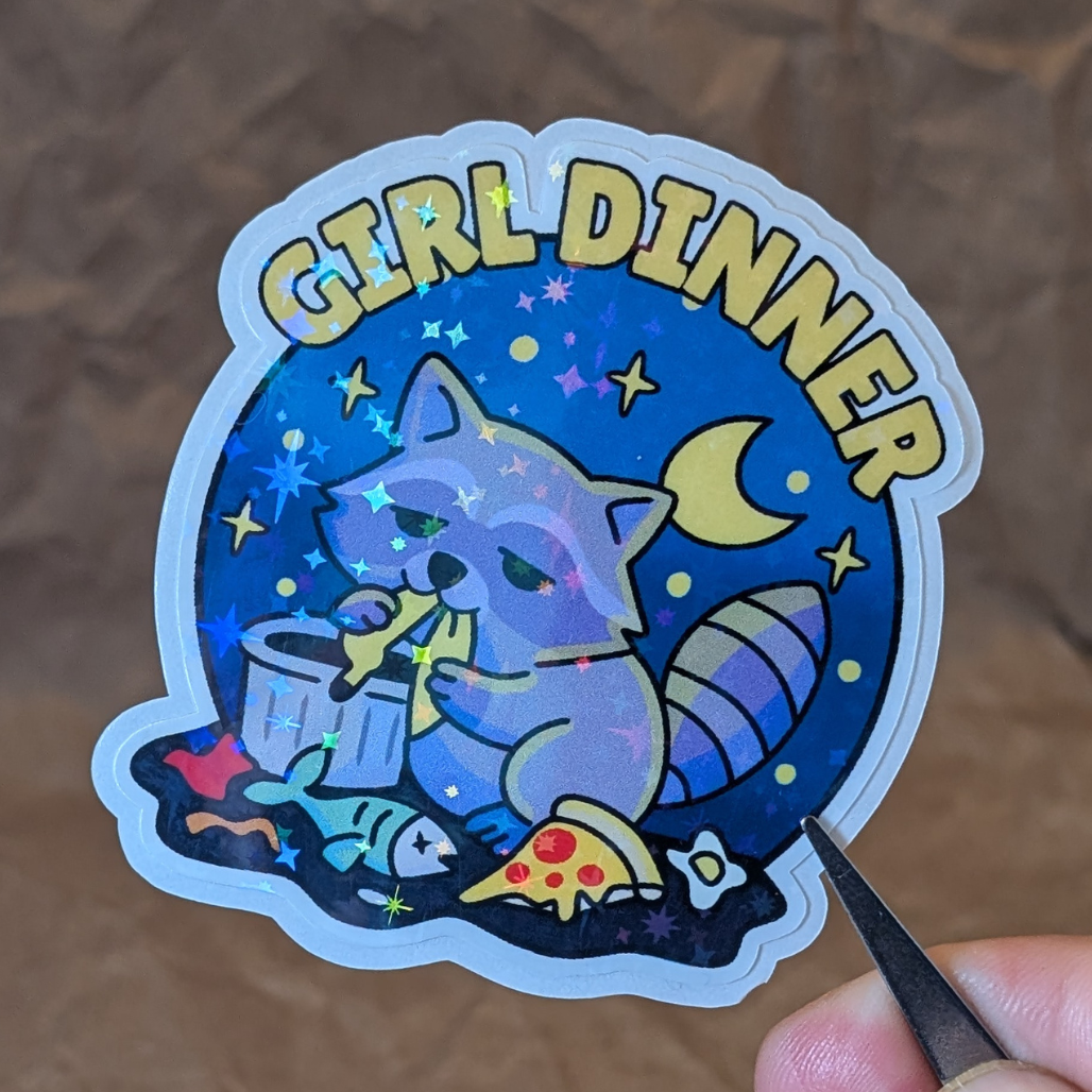 Girl Dinner – Holographic Raccoon Chaos Vinyl Sticker