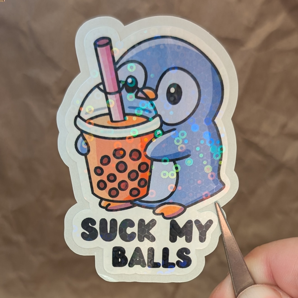 Suck My Balls – Holographic Boba Penguin Vinyl Sticker