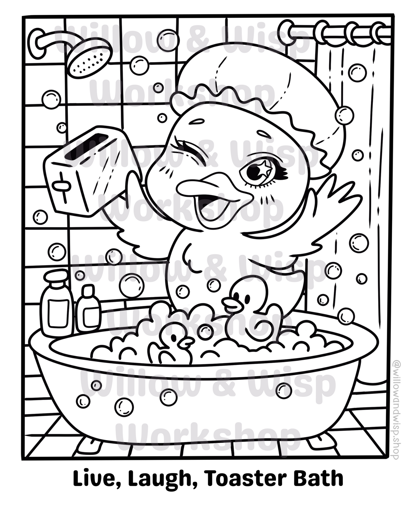 Live, Laugh, Toaster Bath – Free Dark Humor Colouring Page