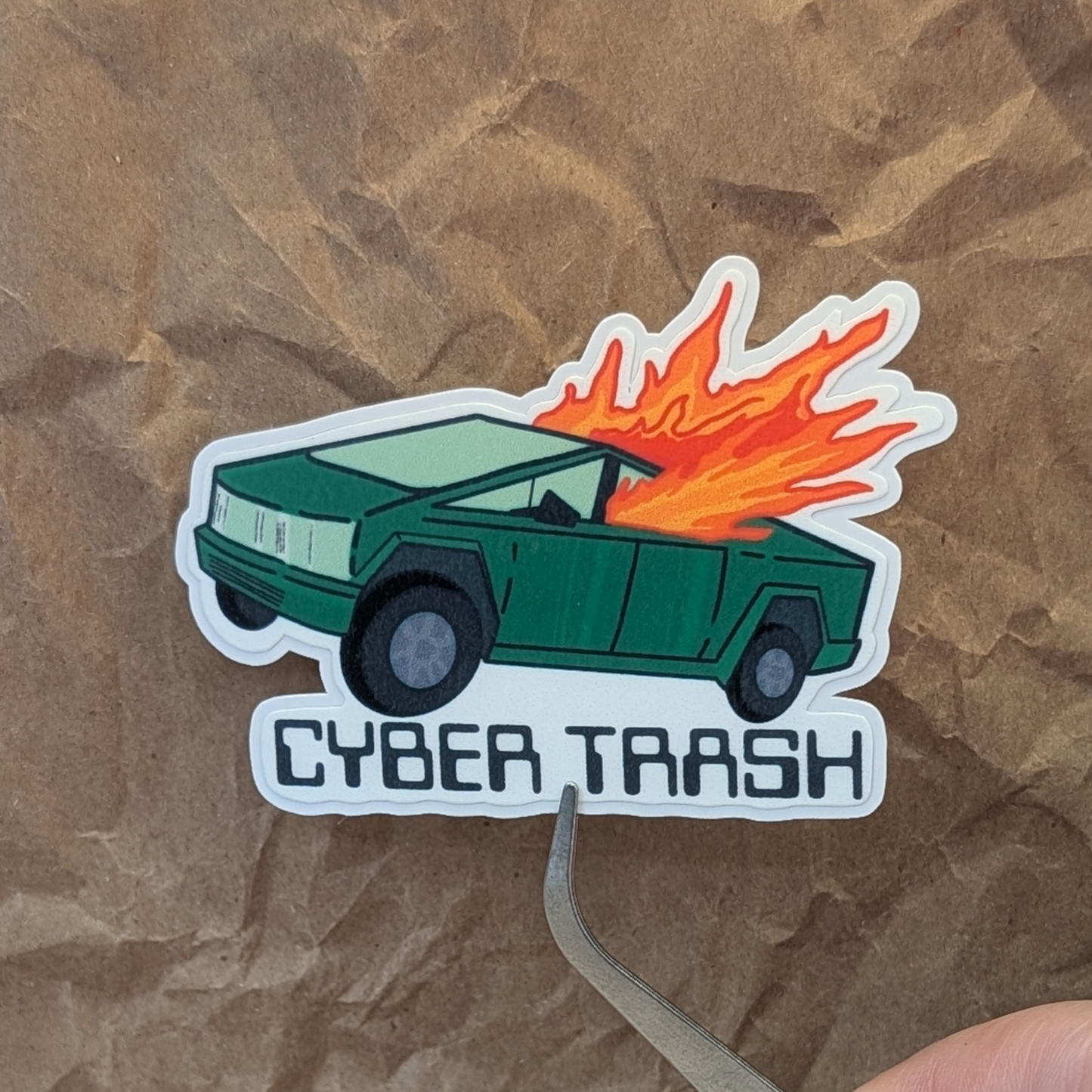 Cyber Trash Sticker – Dumpster Green Cyber Truck on Fire