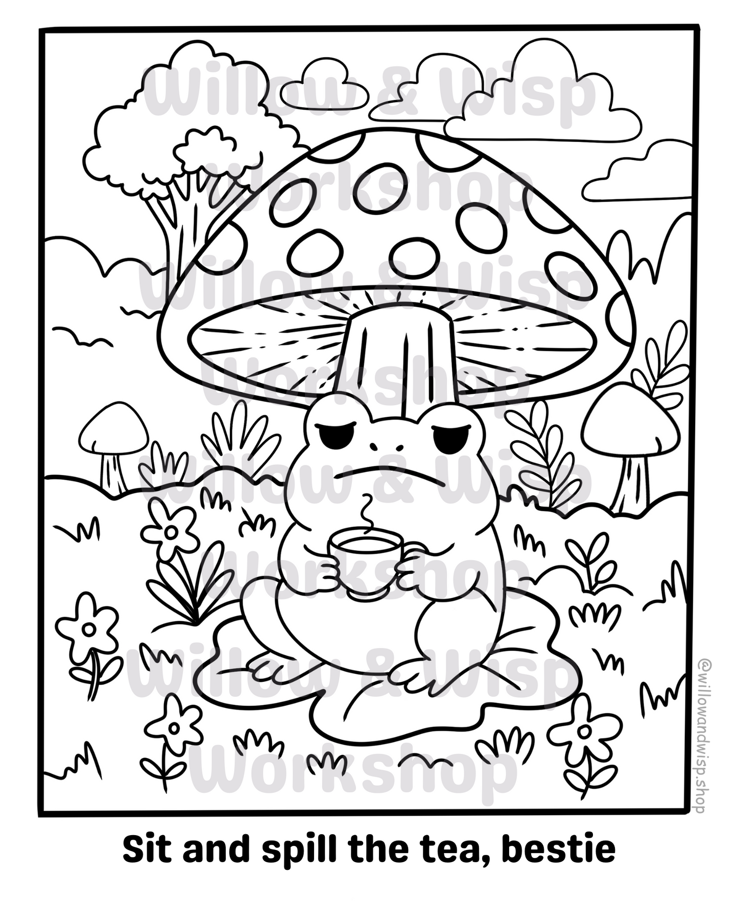 Spill the Tea – Cozy Frog and Mushroom Free Printable Art Page