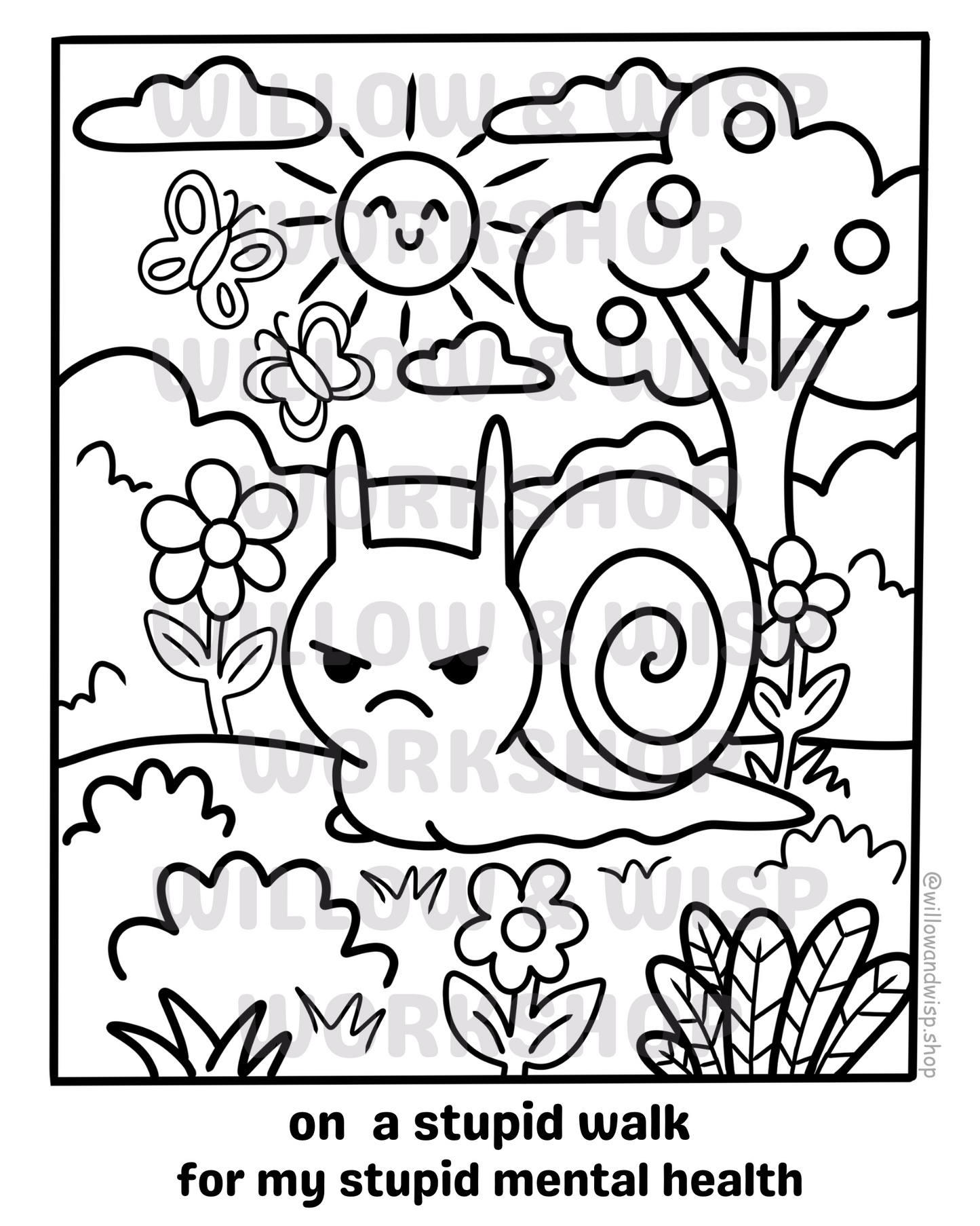 A Mindful Walk – Grumpy Snail Free Mental Health Colouring Page