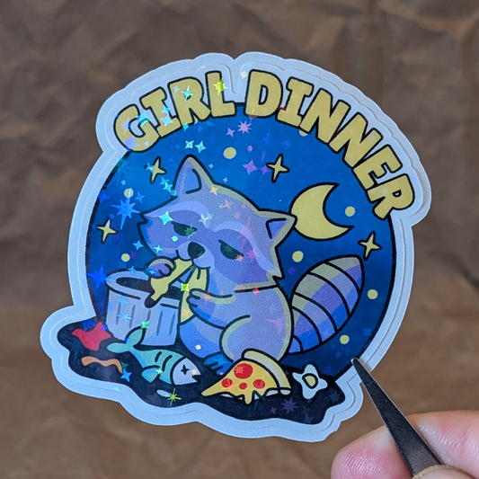 Girl Dinner – Holographic Raccoon Chaos Vinyl Sticker
