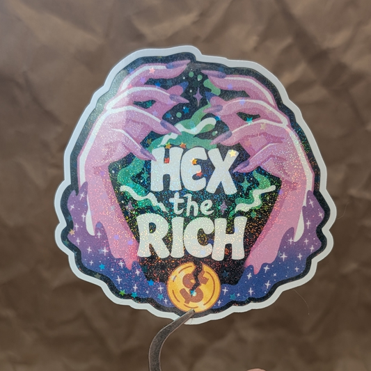 Hex the Rich – Sparkly Witchy Hands & Broken Coin Vinyl Sticker